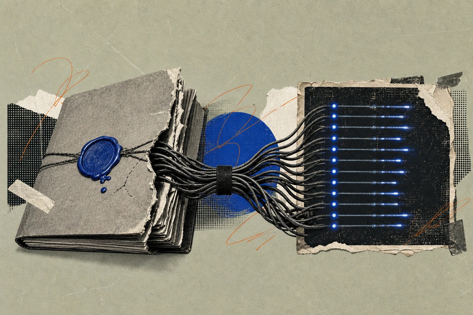 A wax-sealed transcript folder cracked open at the spine, with a thick bundle of integration cables snaking out of it into a glowing audit-log panel ticking off query IDs line by line.