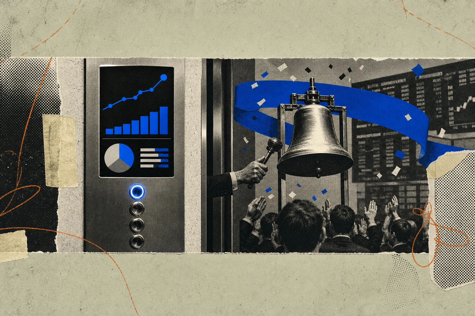 A market-research dashboard panel mounted like an elevator floor display, its illuminated number climbing from "4.0" to "7.5" while a stock-exchange opening-bell ribbon unfurls just above the next unl
