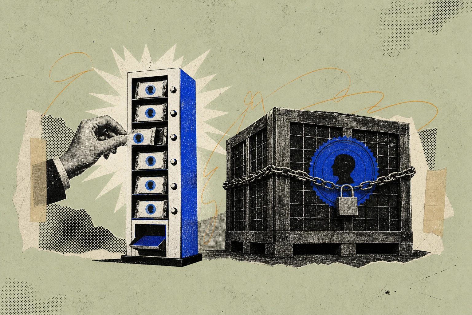 A towering vending-machine column of individually-wrapped expert-call tickets, each punchable one at a time, standing beside a padlocked bulk-crate of the same tickets stamped with an annual instituti