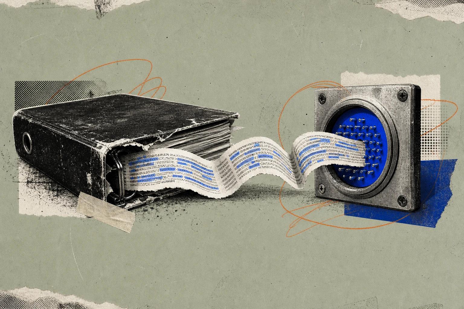 A dusty ring-bound interview binder lying closed on its side, its spine cracked open to release a ribbon of highlighted text that threads directly into an API socket humming with indexed tokens.