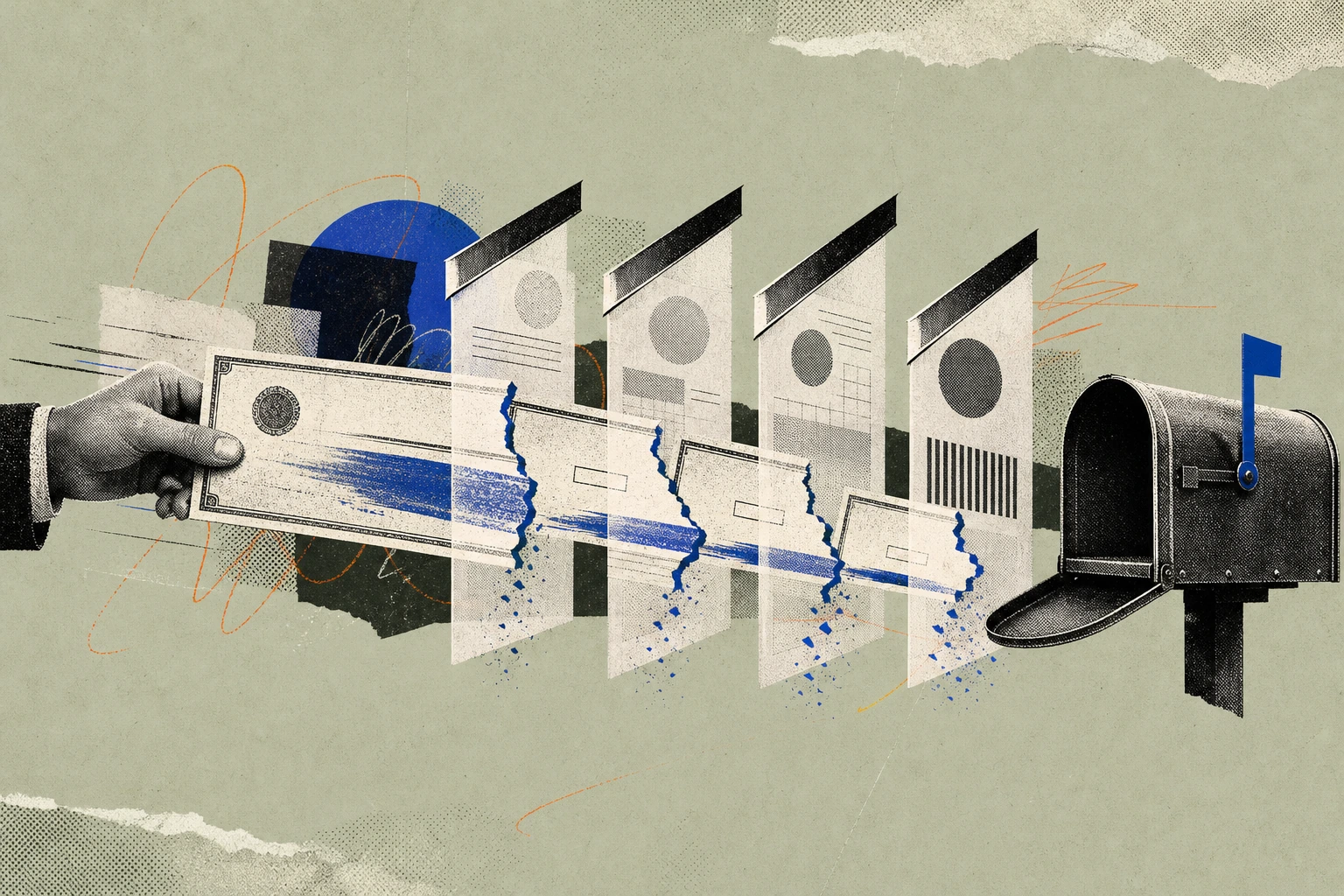 A consultant payment check mid-flight toward a mailbox, intercepted by a chain of translucent tax forms , W-9, W-8BEN, VAT reverse-charge slip, Japanese qualified invoice , each one slicing a withhold