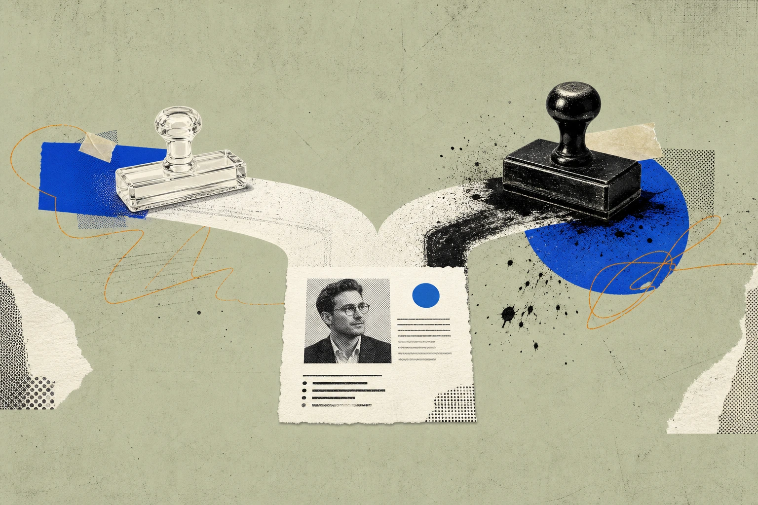 A single expert profile document splitting into two paths at the top: one route passing through a slim, translucent rubber stamp that leaves barely a mark, the other route crushed beneath a thick, ink