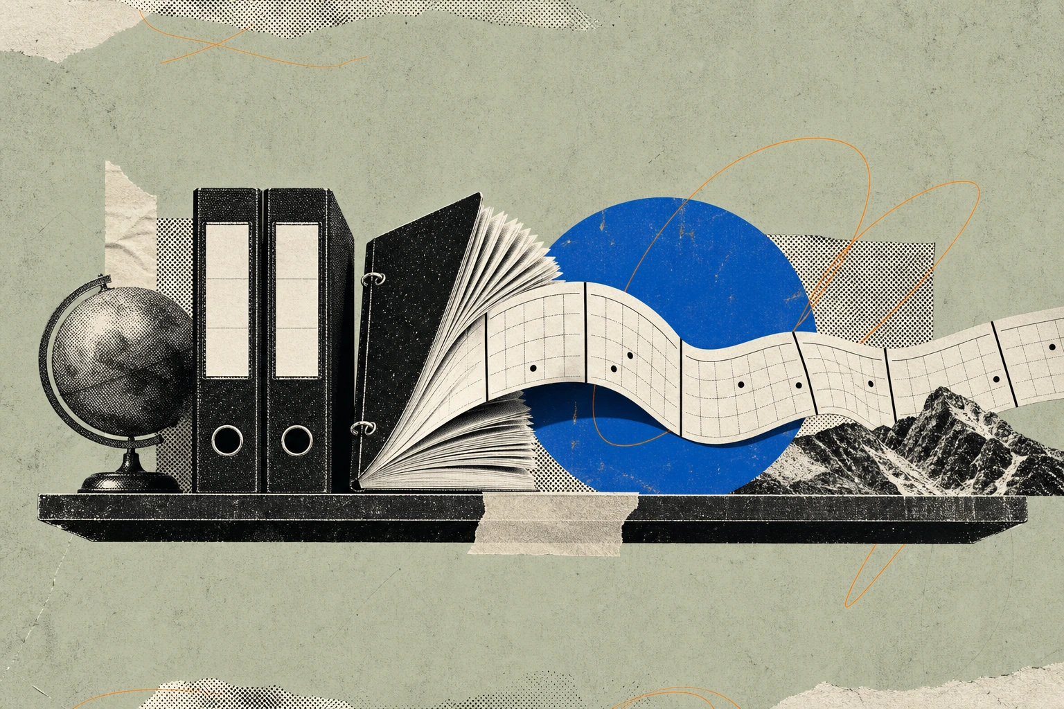 Two identical compliance audit binders standing spine-to-spine on a shelf, the first one closed and dated 2026, the second swinging open mid-air with its pages fanning into a calendar strip that runs