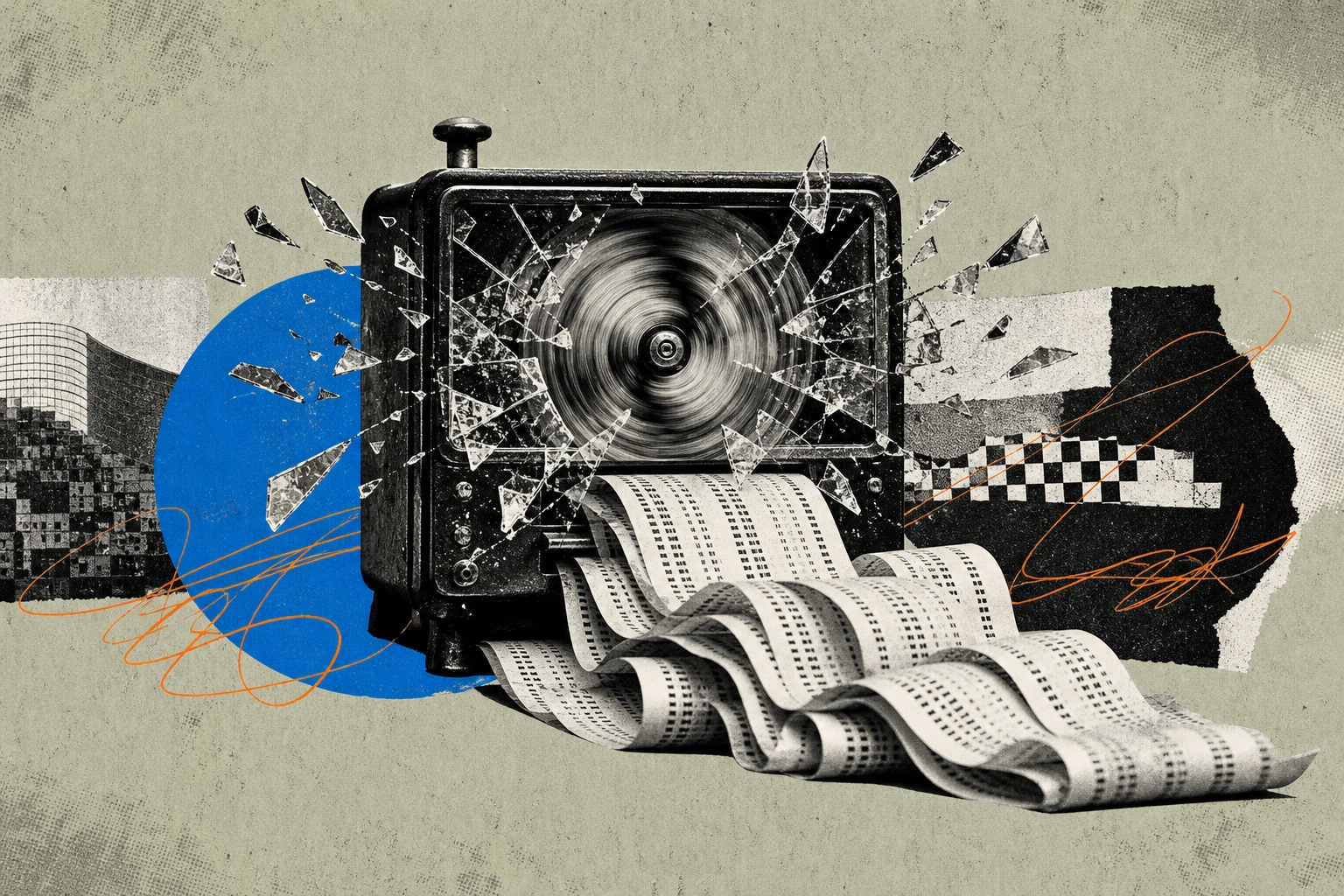 An analog taxi-style fare meter labeled "1 SEAT / 1 USER" with its glass face shattering, the mechanical dial spinning uncontrollably into a blur as a thick ribbon of machine-printed query receipts sp