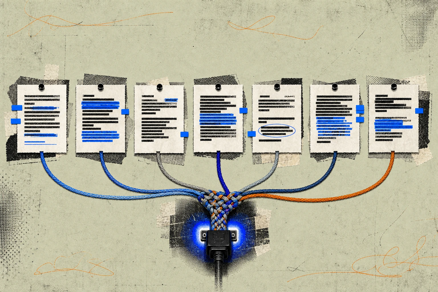 A row of seven identical transcript pages pinned side by side, each marked with a different pattern of highlighter strokes and margin tabs, with colored threads pulling out of each page and converging