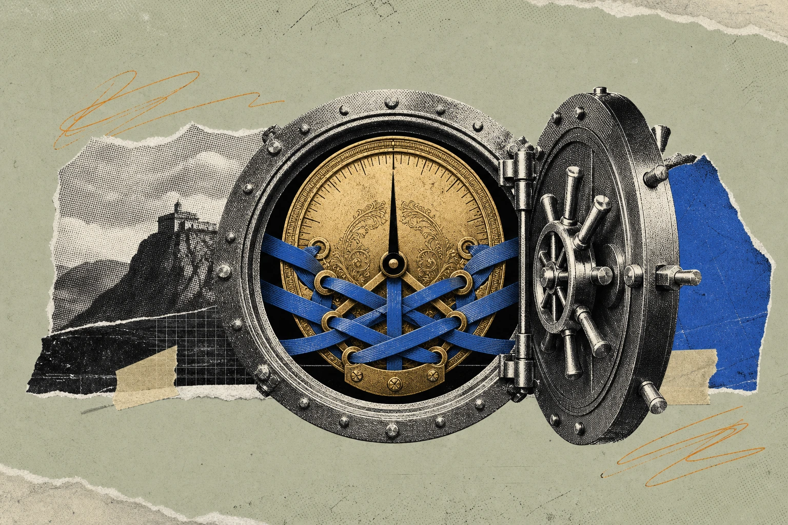 An ornate golden call-meter dial mounted inside a reinforced vault door, its needle held steady not by springs but by a bundle of contractual ribbons woven through the mechanism, arguing that scarce e