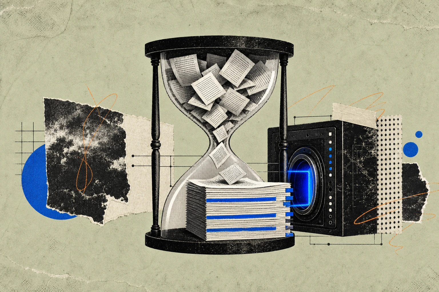 An hourglass with its top chamber filled with loose, unsorted transcript pages tumbling down ,  but the bottom chamber catches them as a neat vertical stack of tagged, highlighter-striped briefing shee