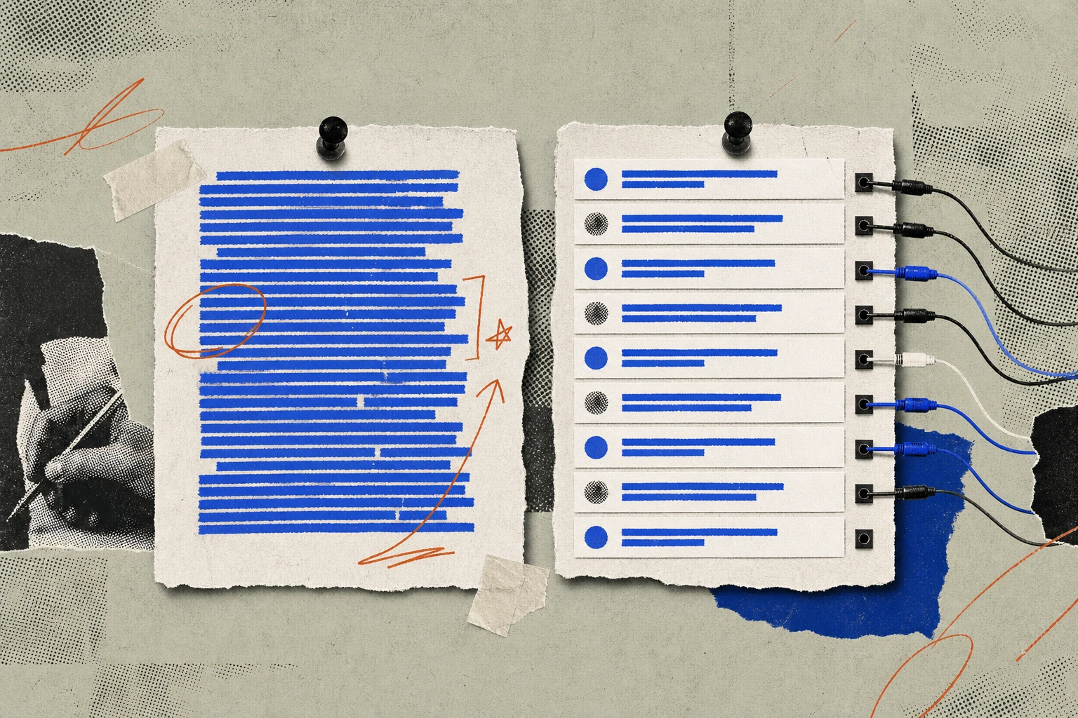 Two transcript pages pinned side by side: the left one a solid block of highlighted text with a manual pen annotation, the right one the same content sliced into clean horizontal section-bars stamped