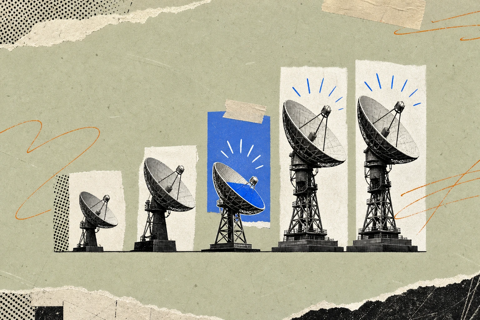 A classic cellular signal-bar icon rebuilt from miniature satellite dishes instead of bars, where the two tallest bars glow fully lit and a third bar ,  slimmer, newer ,  pulses halfway up, standing in 
