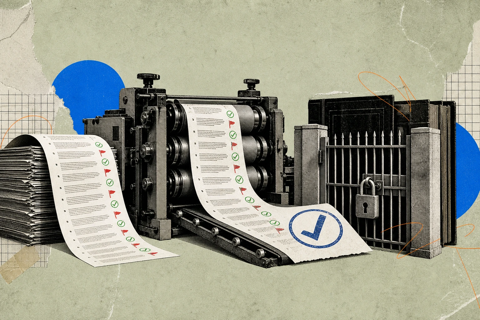 A long research report page passing through an industrial paper-scoring machine , precision rollers stamping green checkmarks and red flags across every citation footnote , emerging on the far side as