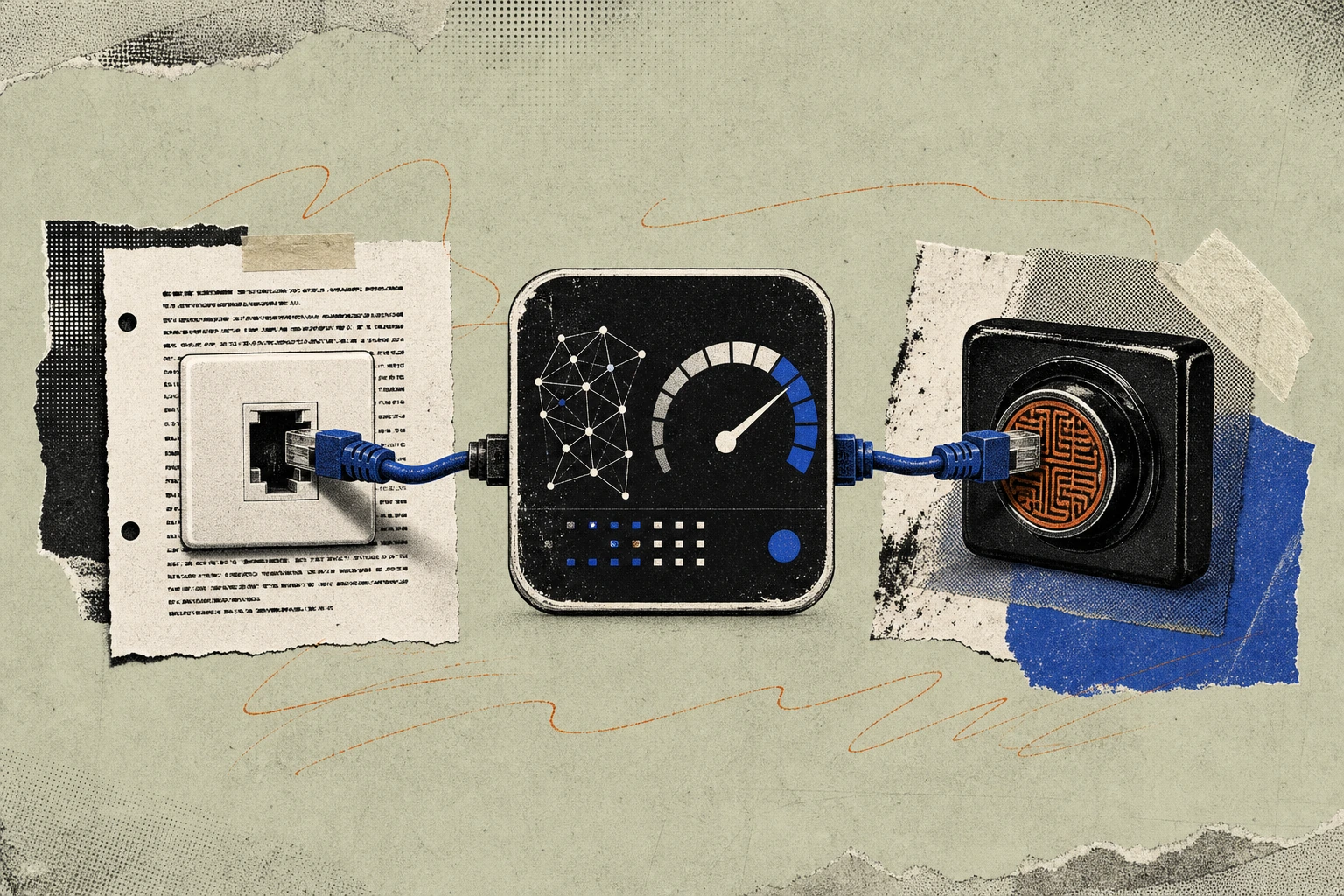 A single AI-dashboard meter plugged into two mismatched connector ports ,  one a familiar Western transcript-page jack, the other a lacquered Japanese seal-stamp socket ,  the cable arcing between them 
