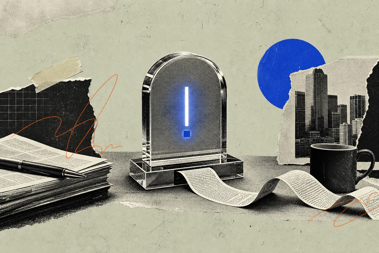 A classic LBO deal-toy lucite tombstone sits on a desk, but the etched company name inside has been replaced by a softly pulsing AI prompt cursor, while a thin ribbon of transcript text spools out fro