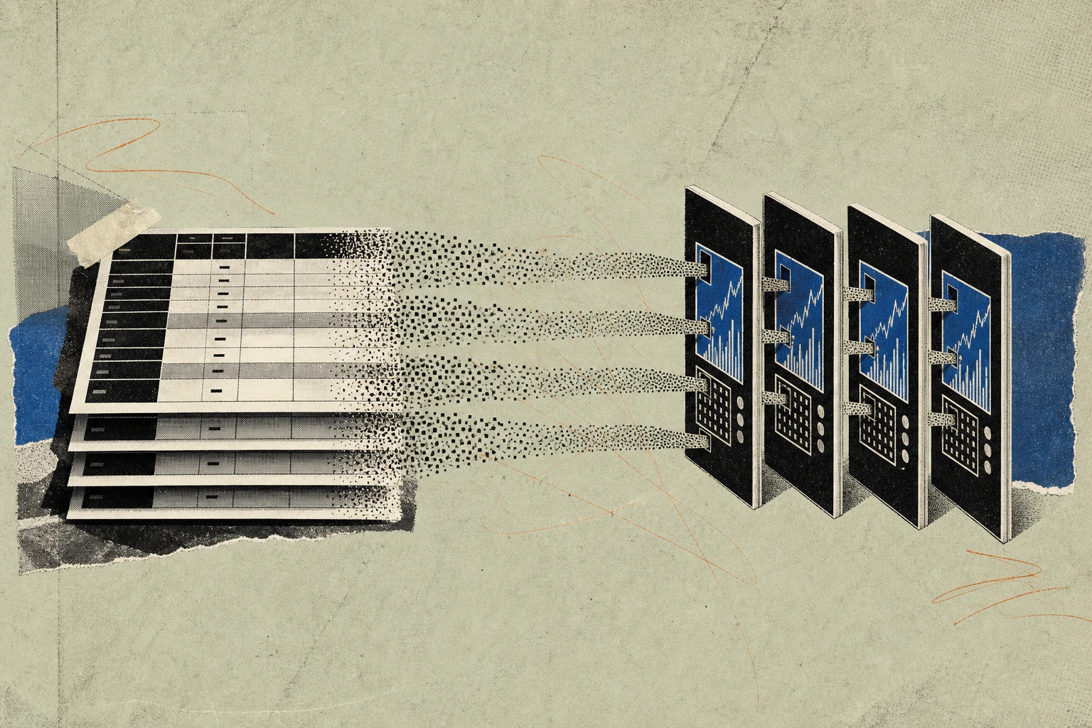 A stack of structured financial tables, each row dissolving at its right edge into a fine stream of digits that fans outward into four identical input slots cut into a row of floating terminal panels,
