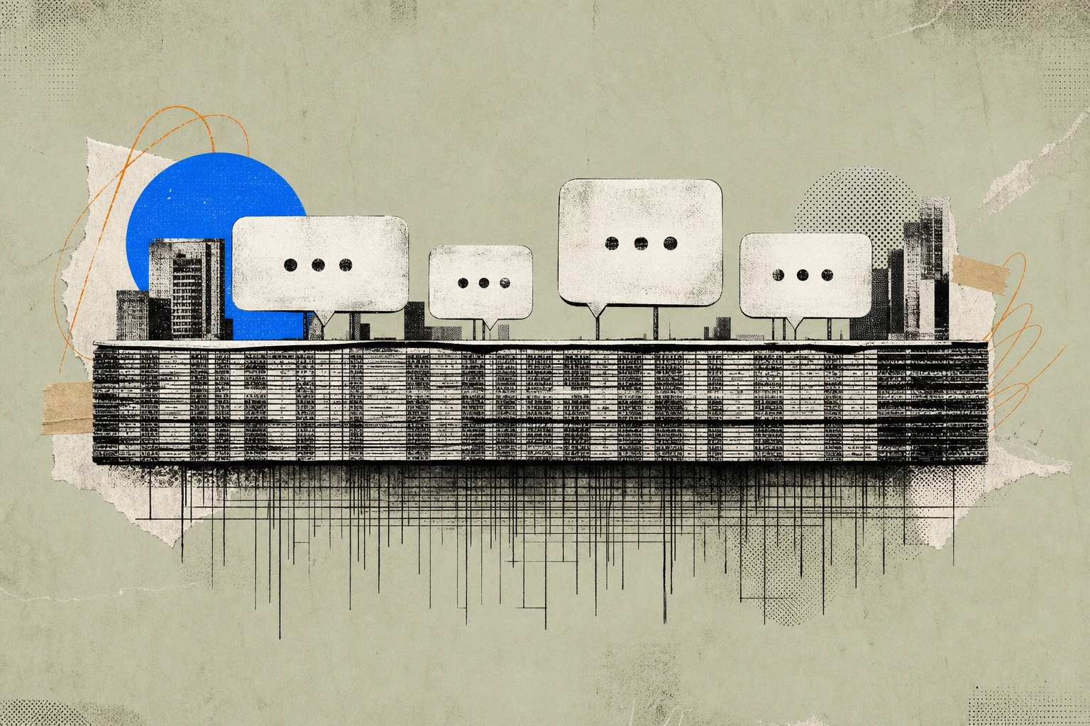 A bedrock-thick slab of stacked financial spreadsheet rows forming a foundation, with four delicate AI-chat input bubbles balanced on top like a small skyline , the slab's grid lines extending downwar