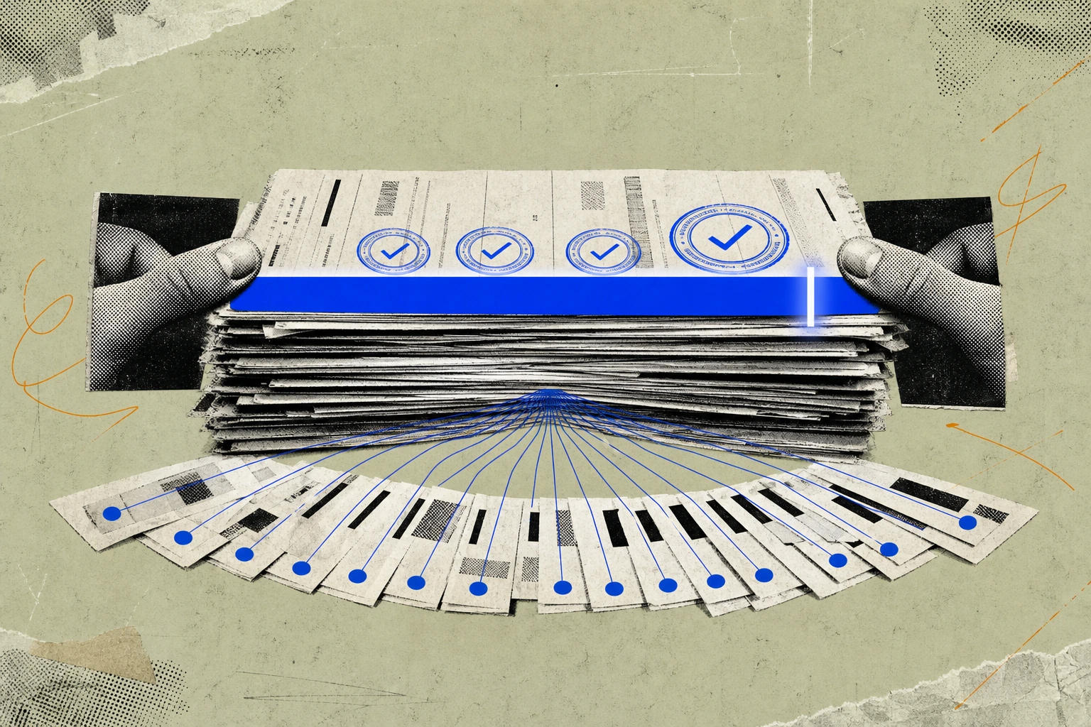 A dense stack of stamped, permission-sealed transcript pages compressed under a glowing prompt-bar cursor, the pages fanning out at the bottom into neatly numbered citation chips that snap back to the