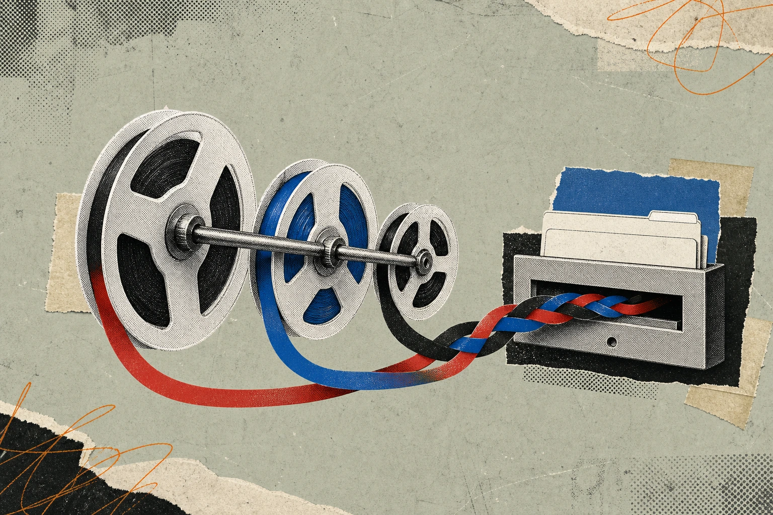 Three call-recorder cassette reels of different sizes spinning on one shared spindle ,  each threaded with its own colored redaction tape that converges into a single braided strip feeding into a compl