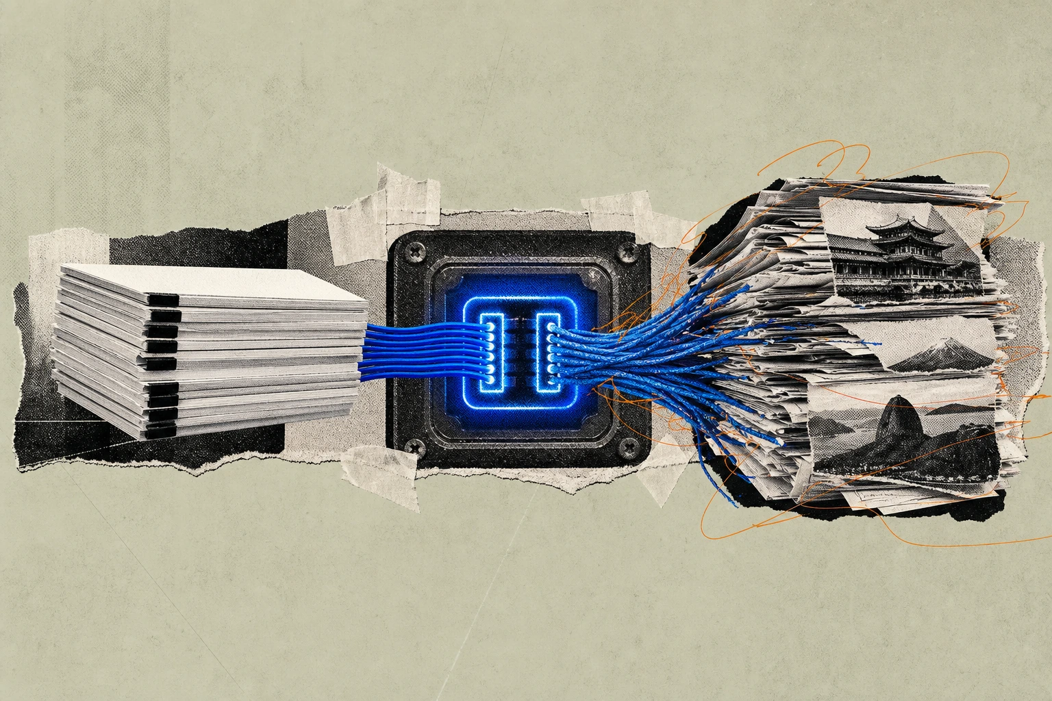Two transcript bundles wired into the same glowing terminal port: one a slim, polished English stack flowing in cleanly, the other a thick, multilingual stack ,  its Mandarin, Japanese, and Portuguese 