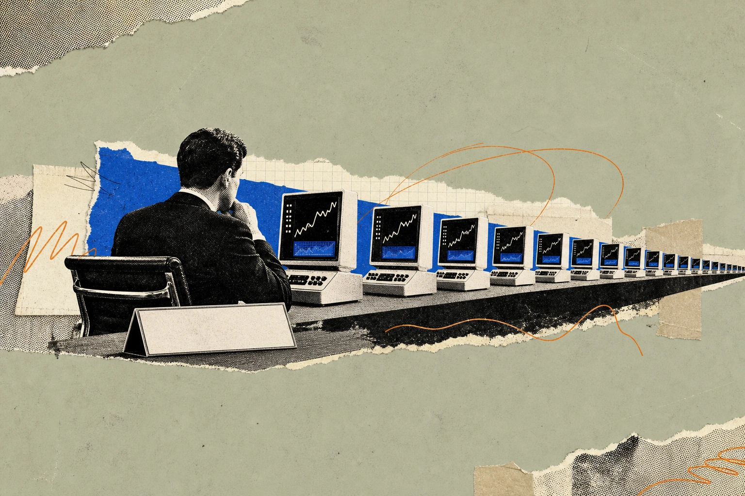 A single analyst's desk nameplate beside a long row of identical miniature terminal screens stretching into the distance, each screen running its own research thread , one human seat replaced by a reg