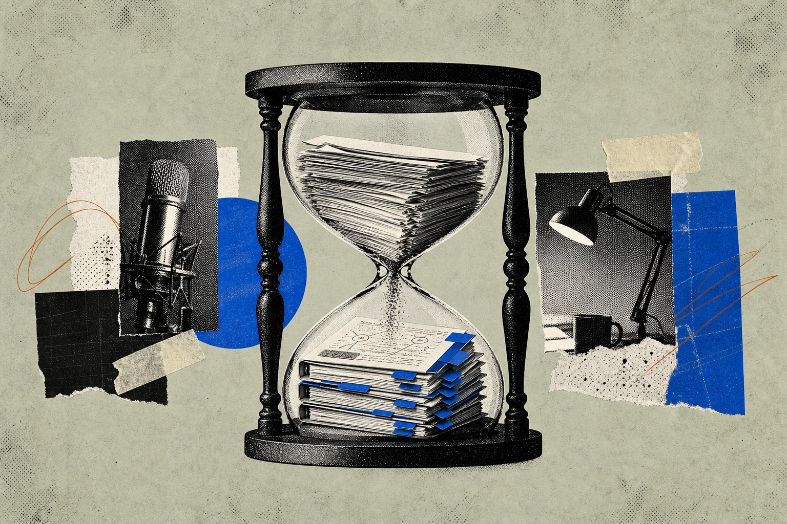 An hourglass whose upper chamber holds a compressed stack of raw transcript pages and whose lower chamber has already filled with neatly tabbed, annotated research memos , the call's value visibly mig
