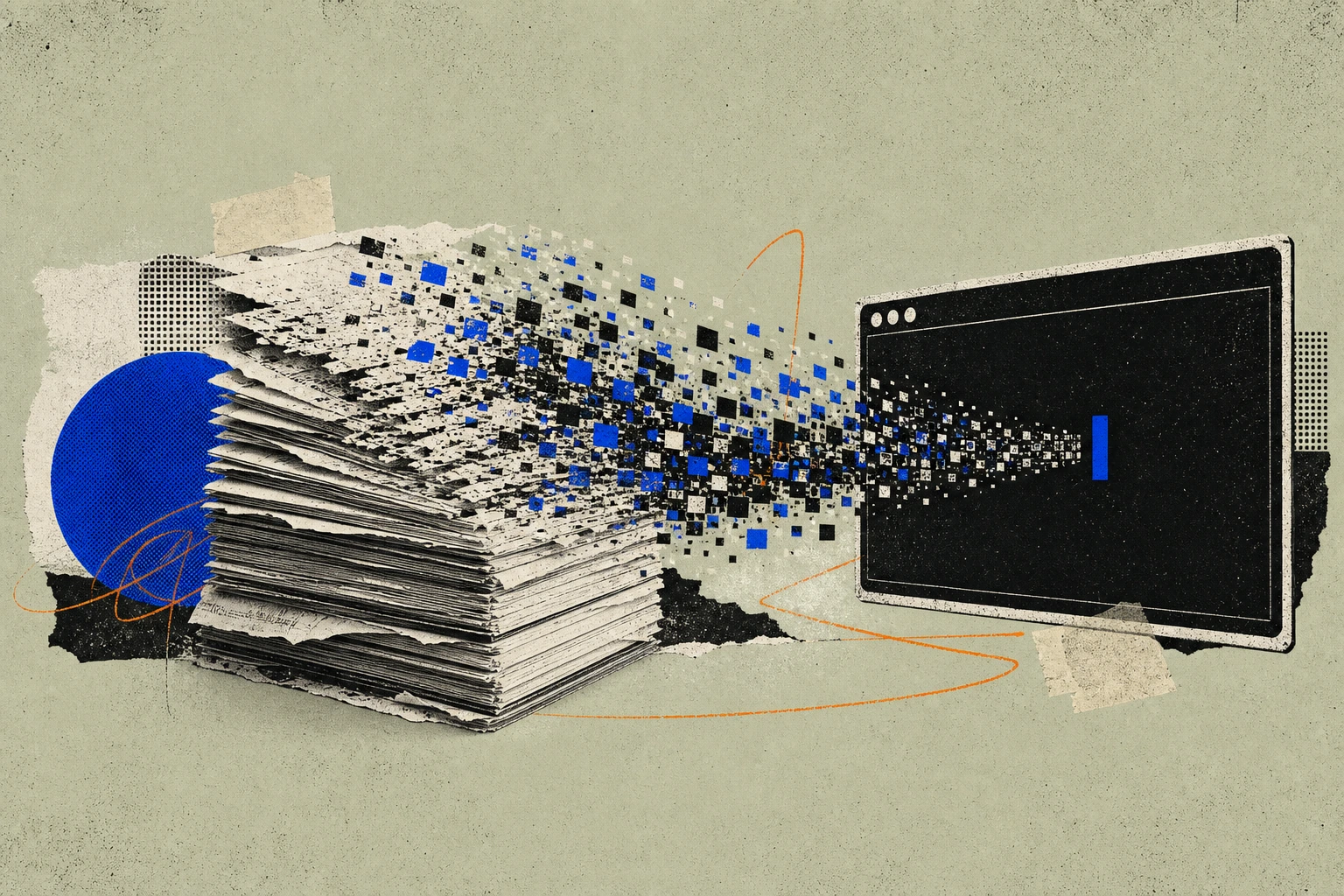 A stack of compliance-stamped transcript pages mid-transformation: the bottom sheets still paper and ink, the top sheets fraying into a stream of query tokens flowing into a terminal panel's blinking