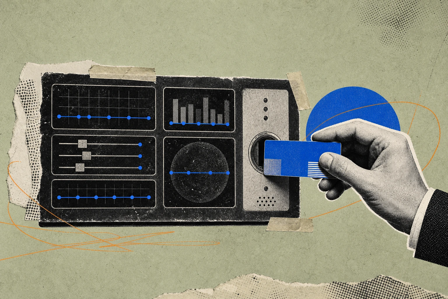A dust-covered enterprise AI dashboard panel, its metrics flatlined and idle, being jump-started by a single ex-banker's business card slotted into its input port like an ignition key.