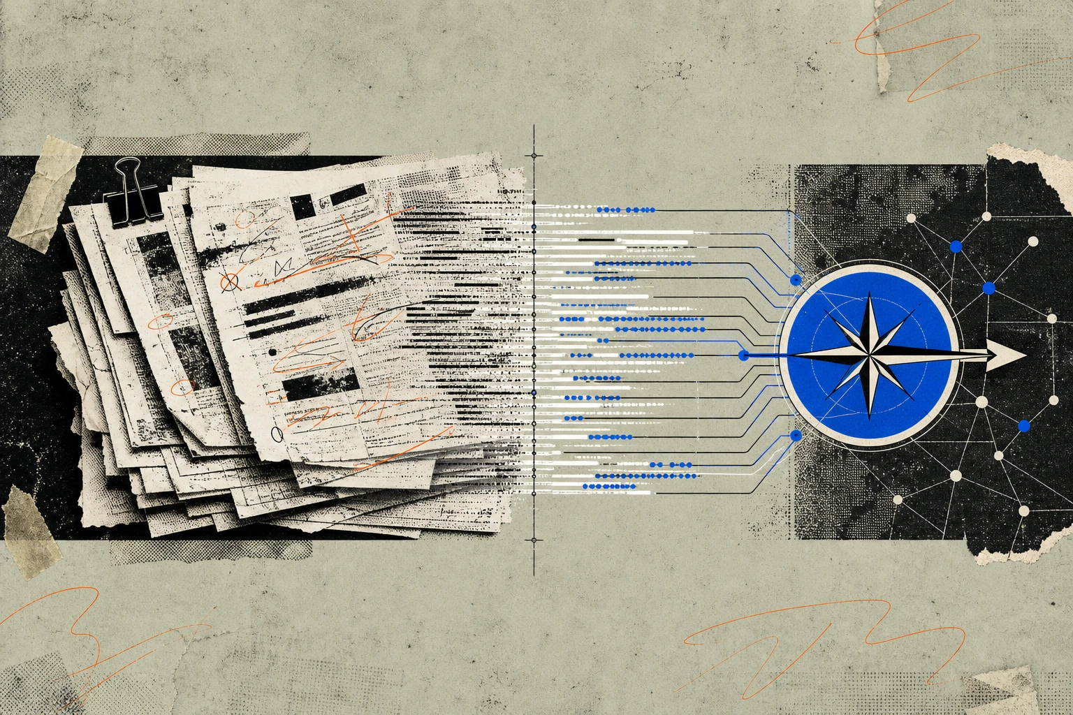 A single Bloomberg-style terminal panel splitting cleanly down the middle ,  the left half showing a stack of marked-up deal memos in fading ink, the right half showing the same memos re-materializing 
