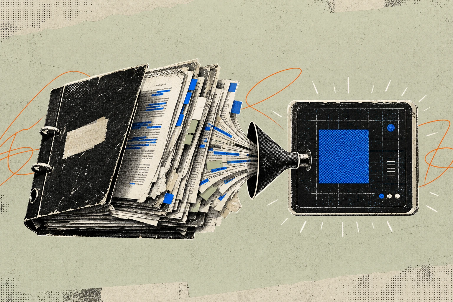 A thick, well-worn binder of expert-call transcripts and marked-up research pages, its edges frayed and highlighted, being drawn upward through a slim funnel-shaped connector port into a single blinki