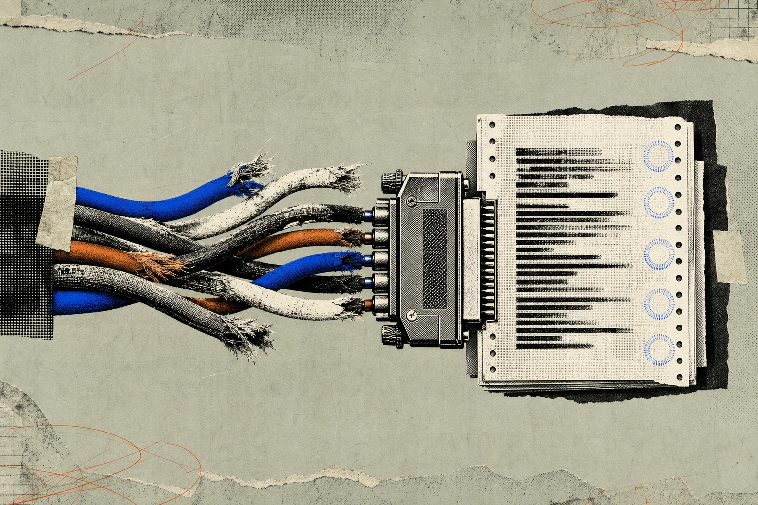 A bundle of frayed, color-coded research-feed cables , each labeled with a different sell-side imprint , converging into one consolidated connector plug that locks into a transcript page, the page its