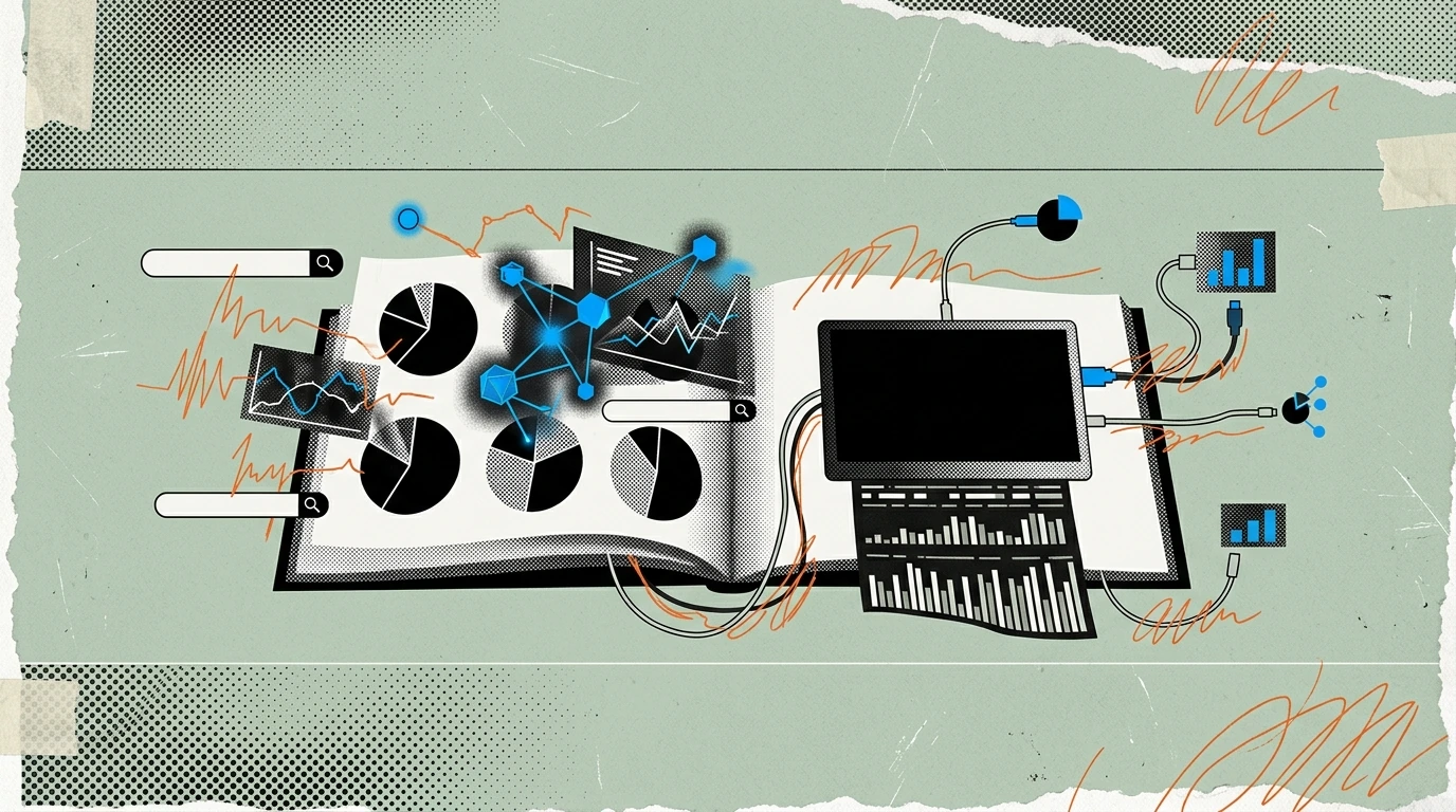 A traditional fundraising pitchbook splayed open, its printed pie charts and bullet points mid-transformation into live dashboard nodes and query fields, the right half of the page already a working t