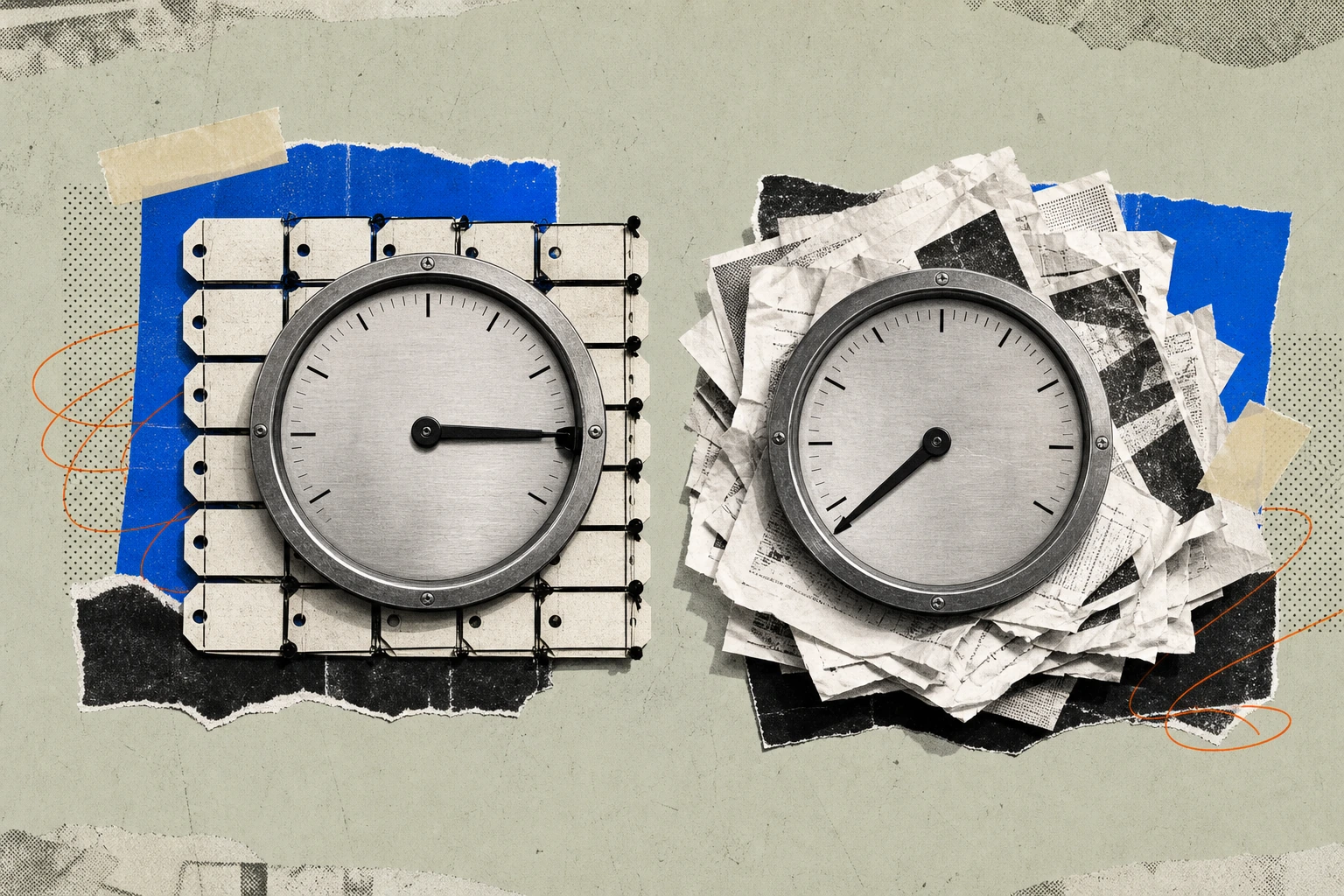 A single brushed-steel dial gauge labeled "RETRIEVAL ACCURACY," its needle pinned far to the right against a hard stop , its mounting plate not metal but a tight lattice of tagged financial line-items