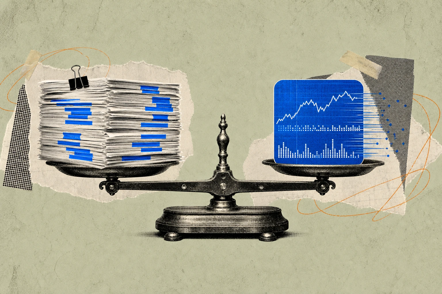 An old brass analyst's desk-scale with a thick bundle of highlighted 10-K pages on one pan, perfectly counterbalanced on the other pan by a single glowing dashboard tile streaming tickers, the beam ho