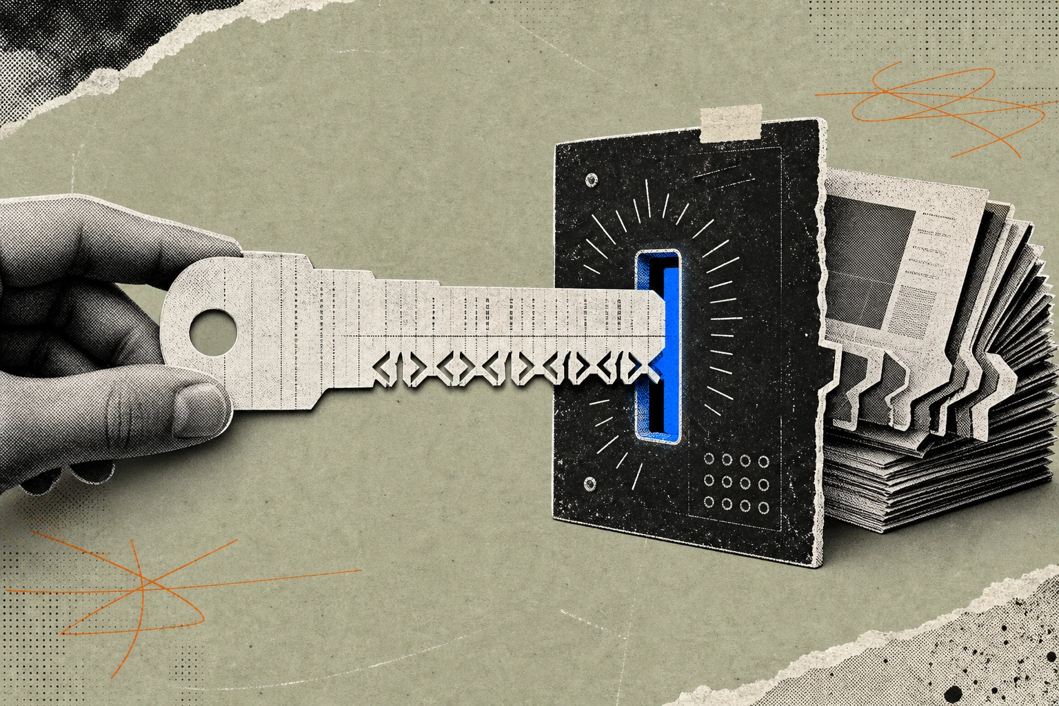 A single 10-K page rendered as a precision-cut key, its teeth formed from XBRL bracket-tags, sliding into the ingestion port of a glowing terminal panel , while a stack of untagged research PDFs waits