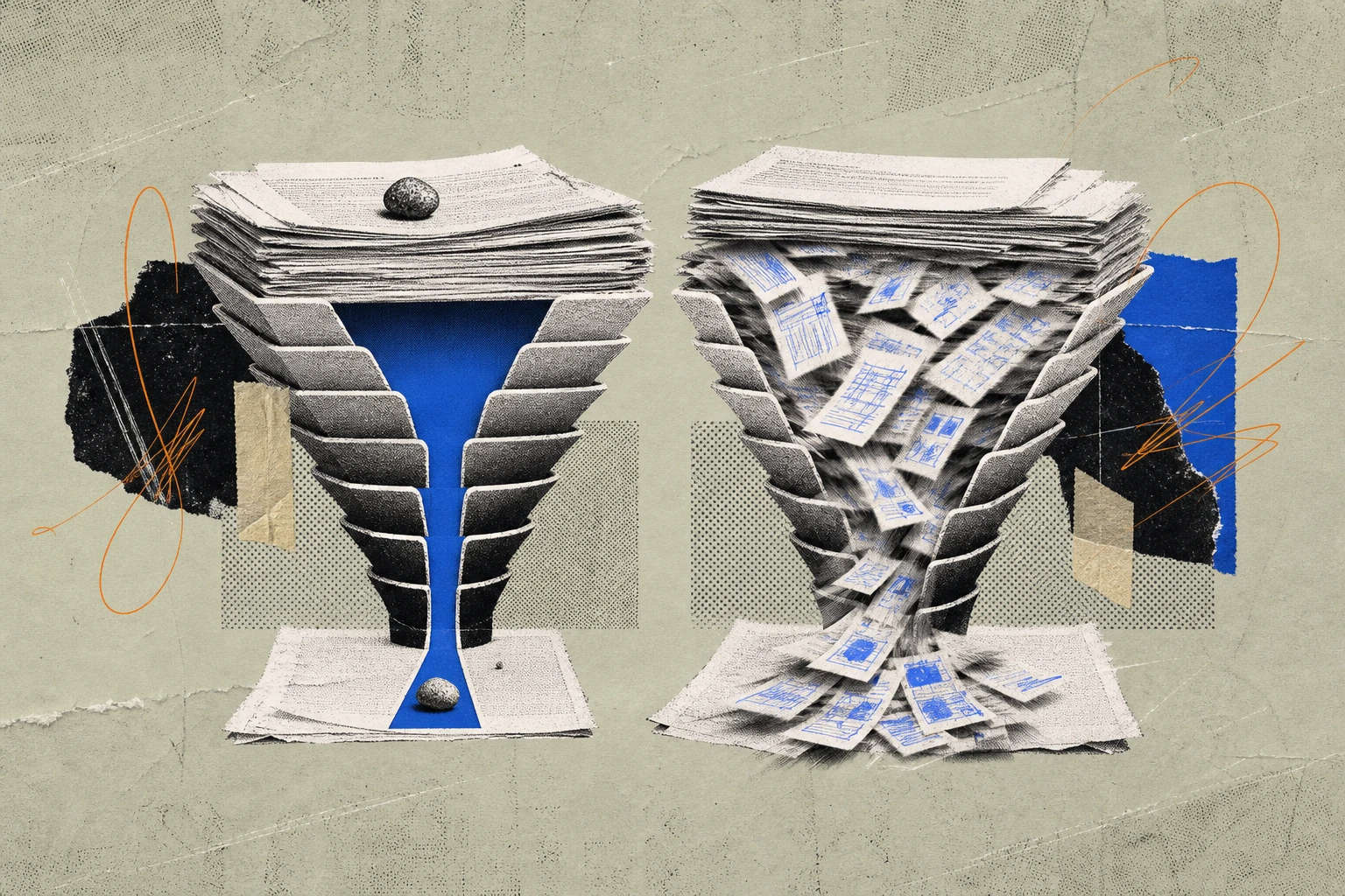 Two parallel deal-pipeline funnels carved from stacks of CIM documents , the left one moving a single pebble through tar-thick pages, the right one a blur of marked-up sheets rushing through, the same