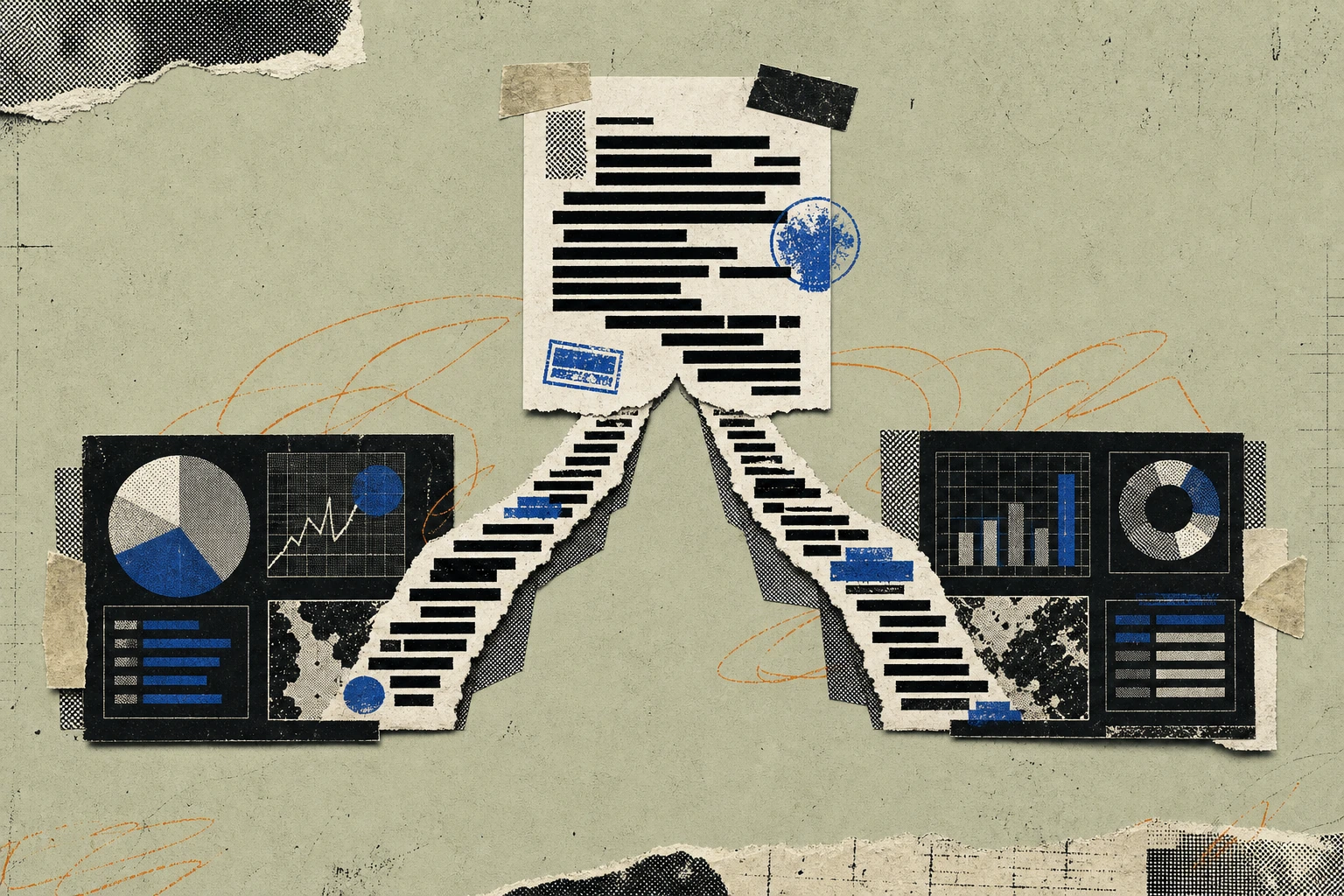 A single transcript page covered in heavy redaction bars and compliance stamps, splitting at its lower edge into two parallel ribbons of marked-up text that feed into two separate dashboard panels ,  t