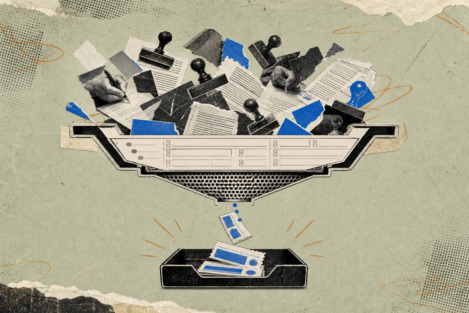 A single expert-call intake form shown in cross-section, its questionnaire fields visibly filtering downward like a sieve: at the top, a dense cloud of employment-history stamps and non-compete clause