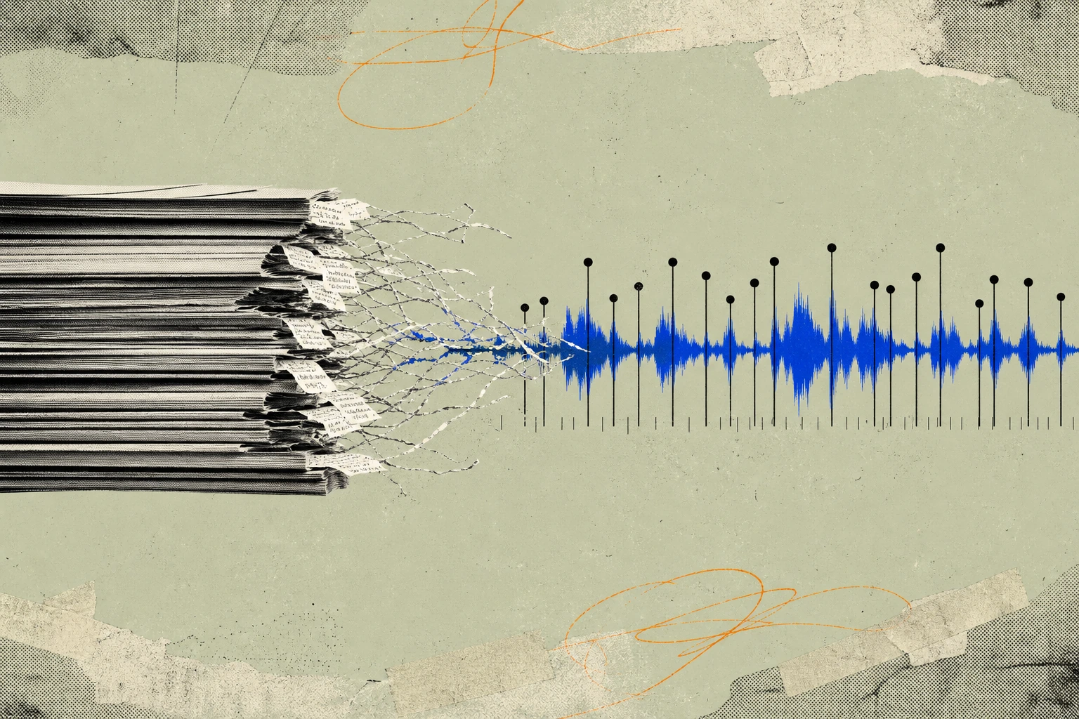 A dense stack of transcript pages on the left, their margin citations frayed and dangling into nothing, transforming rightward into a clean ribbon of audio waveform where every citation is a precise p