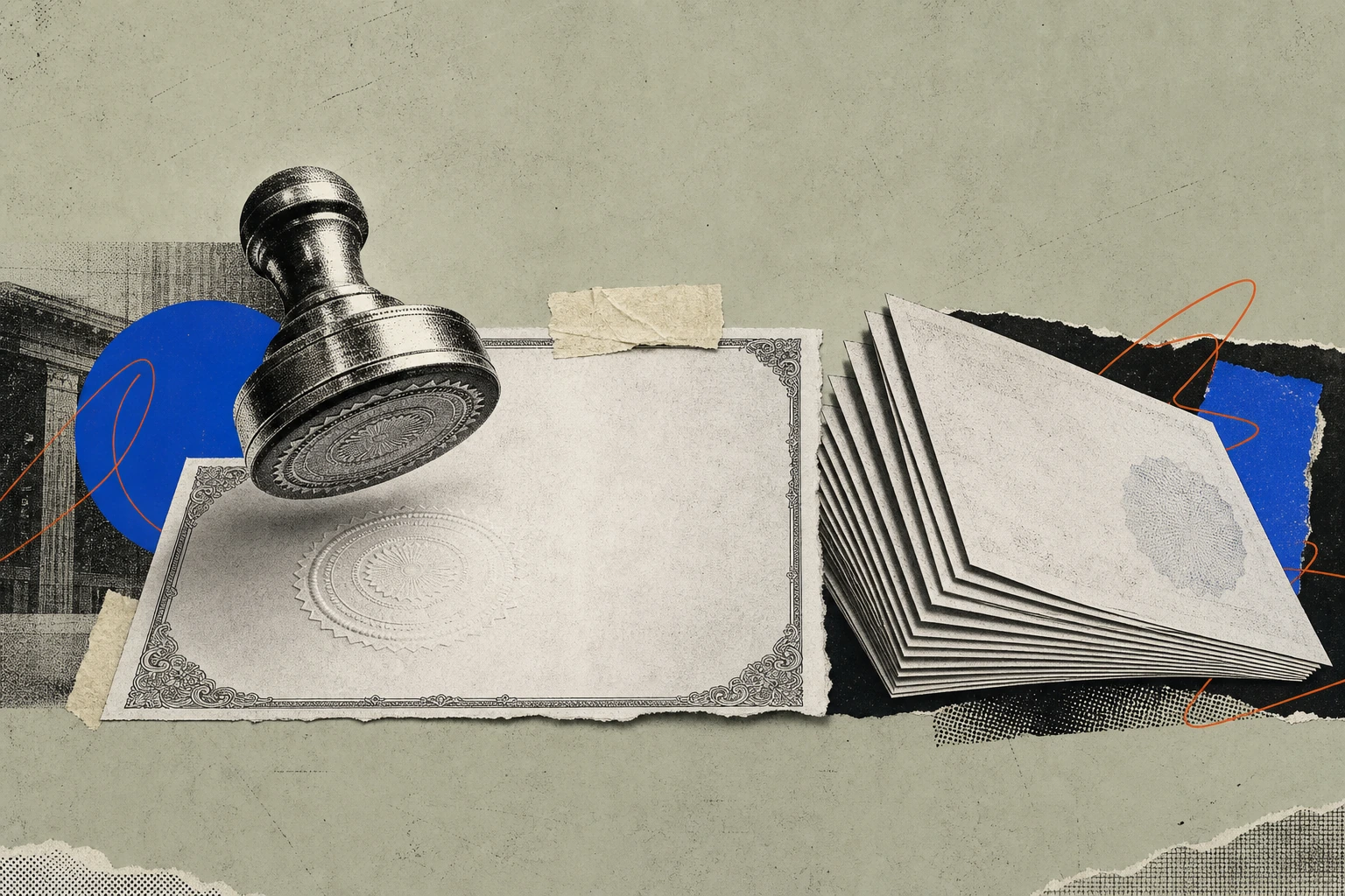 A heavy brass registration seal lifted mid-strike, its imprint on the certificate below fading into blank paper , beside it, a stack of fifteen unpaid fee receipts fanned out like fallen dominoes, the