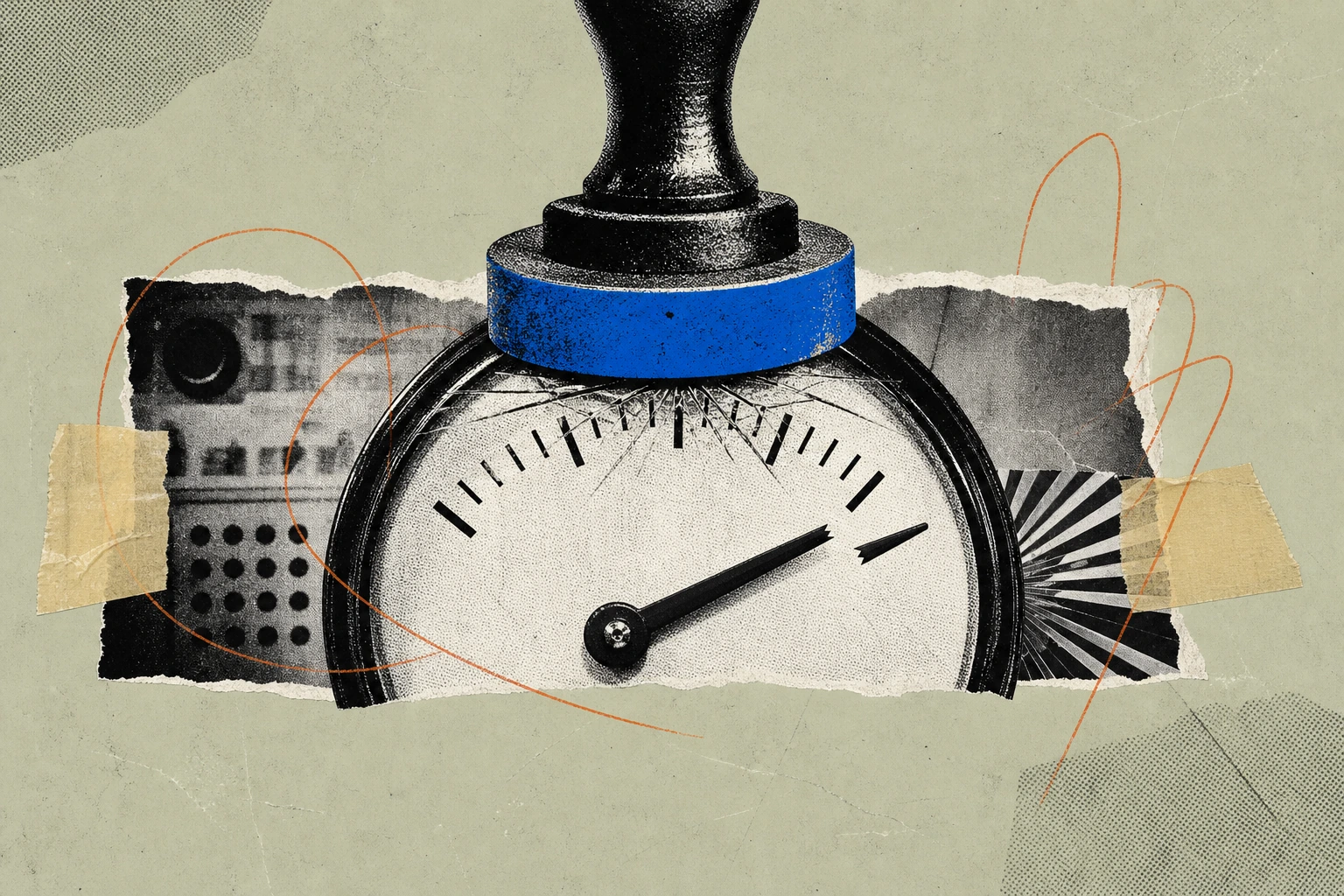 A call-meter dial captured at the exact moment its needle snaps in two , the broken tip mid-sweep across the face , with a compliance stamp pressing down onto the glass from above, freezing the engage