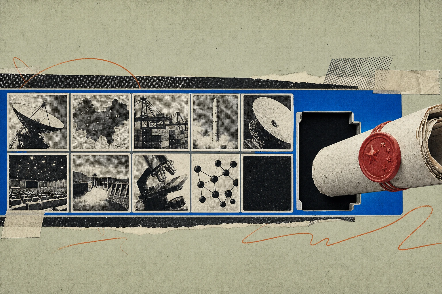 A pristine institutional terminal dashboard with a conspicuously dark, empty tile in its grid , a rolled-up Chinese research dossier, bound with a red seal, sliding into the vacant slot like a cartrid