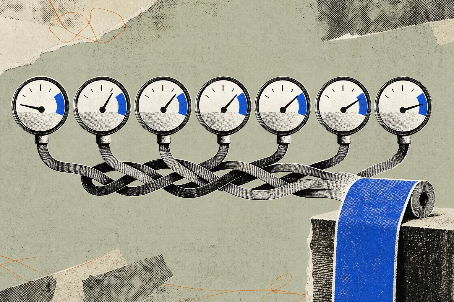Seven identical call-meter dials arranged in a row, each frozen at a different tick between "booked" and "billed," their cables braiding together into one thick invoice ribbon spooling off the edge.