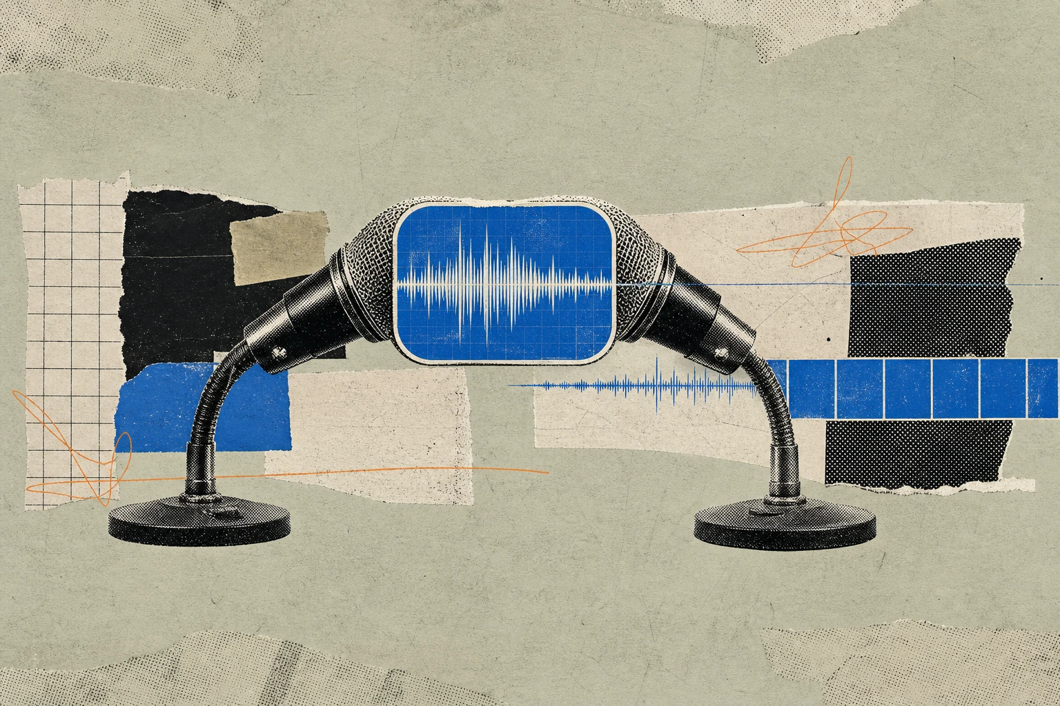 Two microphones on stems leaning toward each other until their heads merge into a single glowing terminal screen, the merged form casting one unified waveform that flattens into a row of financial dat