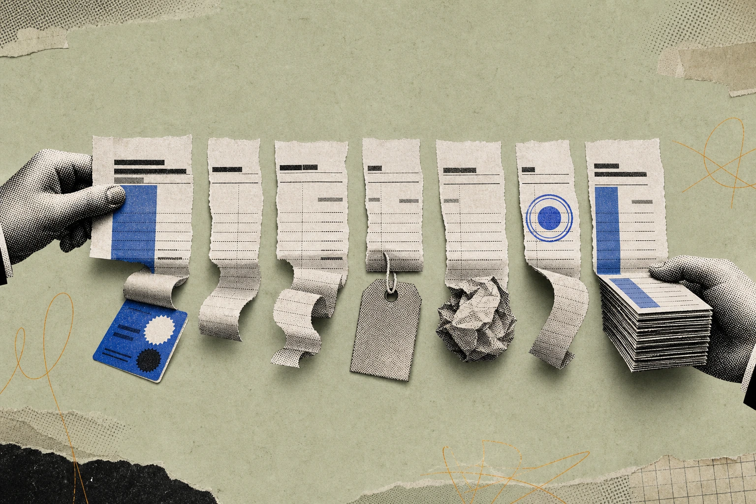 A single expert-call invoice slip torn into seven uneven strips, each strip curling into a different contractual shape , one folded into a credit voucher, one stamped "waived," one re-stacked into a f
