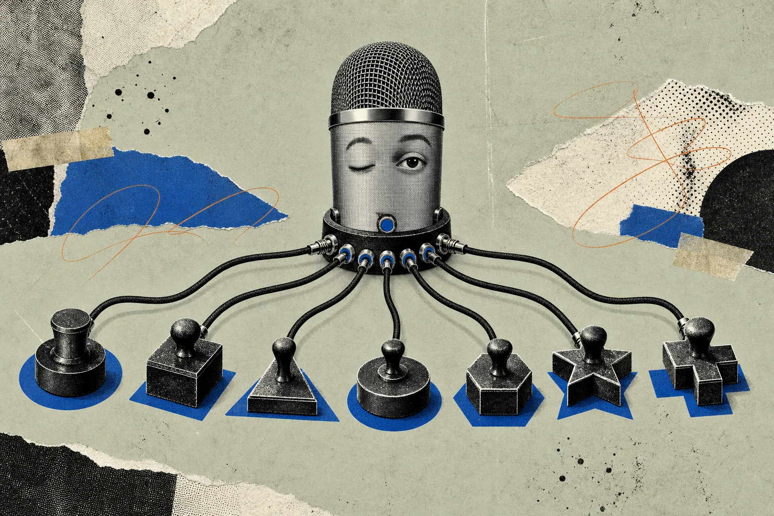 A microphone-shaped call recorder with seven separate cables snaking out of its base, each cable terminating in a different-shaped permission stamp , the recorder itself paused mid-blink, unable to ac