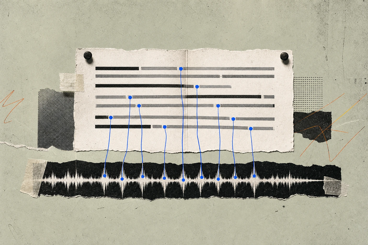 A single transcript page pinned flat, its sentences being pulled apart by thin waveform threads rising from an audio track beneath it , each sentence re-tethered to a precise spike in the waveform, tu