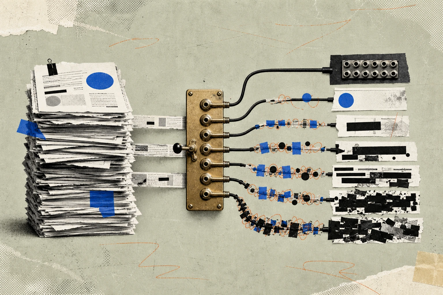 A tall stack of expert-call invoice slips routed through a brass switchboard with seven distinct output cables , one cable running clean into a terminal panel, the others bending through progressively