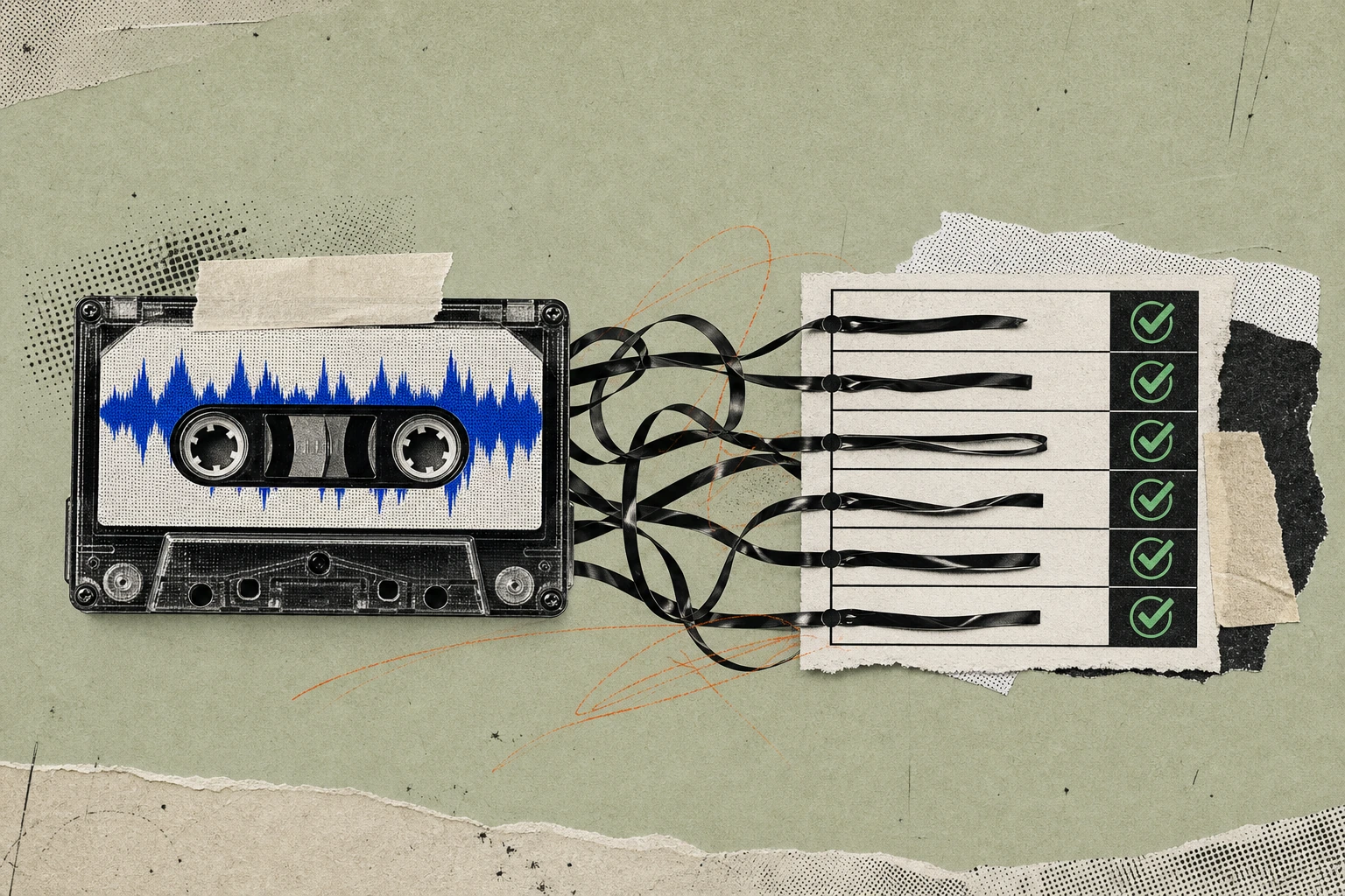 A verbal-consent preamble depicted as a spoken waveform trapped inside an old cassette tape, its magnetic ribbon spooling out and re-threading itself into the structured rows of a transcript metadata 