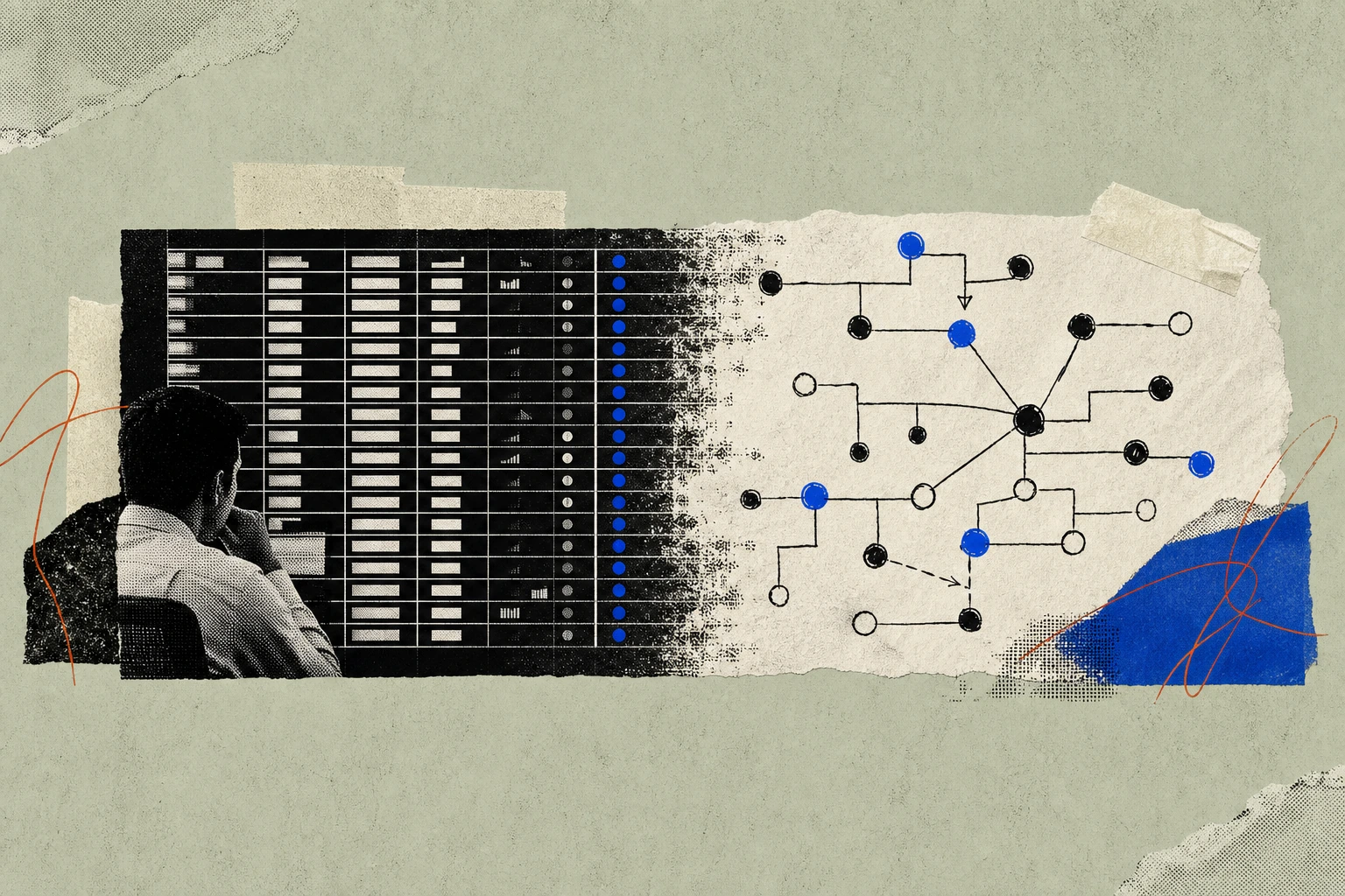 A rigid Bloomberg-style terminal panel on the left, its rows of tickers neatly aligned, giving way on the right to a hand-drawn org-chart of connector nodes sketched on a transcript page ,  the clean g
