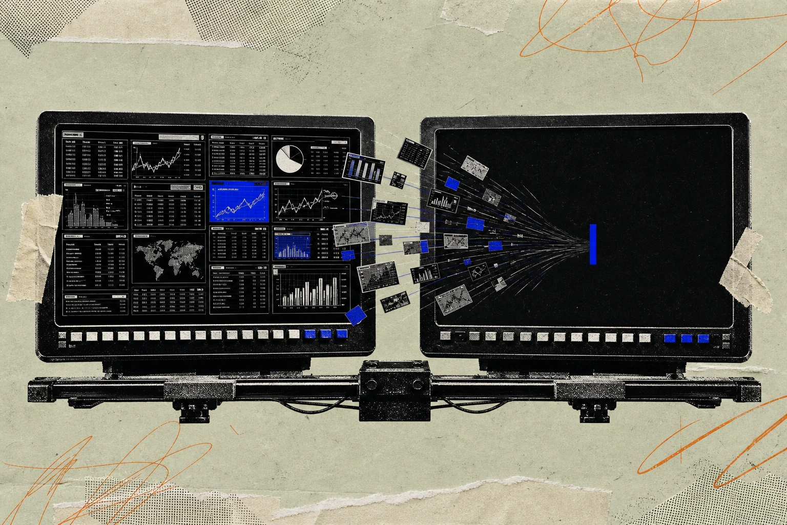 Two Bloomberg-style terminal panels sitting side by side on a shared desk rail ,  the left one crowded with dense FactSet-style data tiles, the right one collapsed into a single blinking chat prompt cu