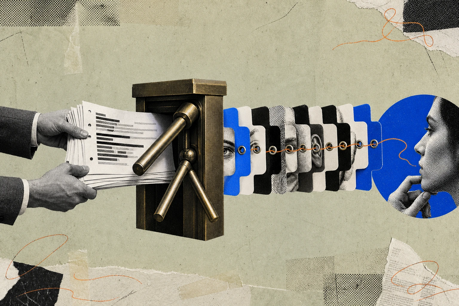 A stack of expert-call transcript pages threaded through a brass compliance turnstile, each page pinched by a unique keycard tab before passing , the tabs fanning out on the far side into a delicate i