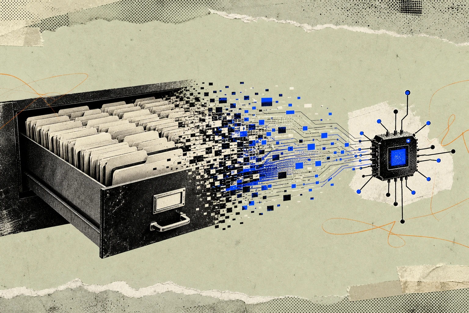 A dense filing-cabinet drawer of manila folders labeled with private-company tabs, half of them dissolving into a stream of structured data-chips that funnel into a small, blinking agent-node hovering